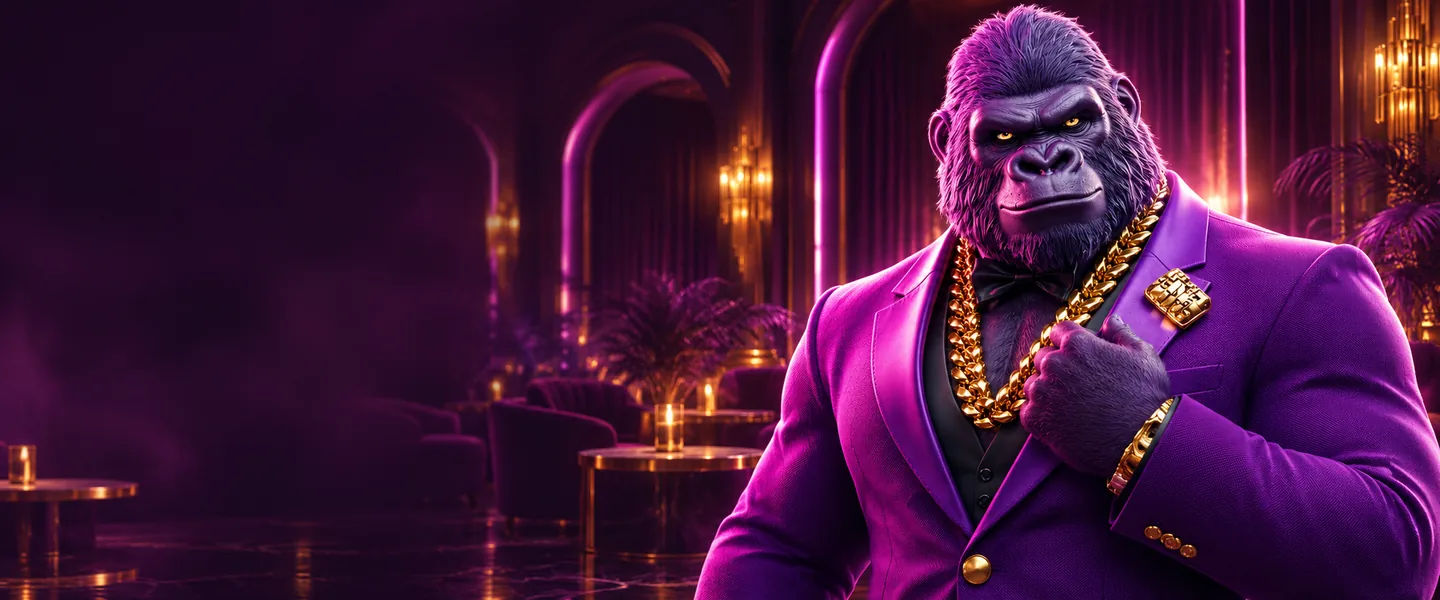 Purple gorilla in a tailored violet suit in the Bizzo casino lounge